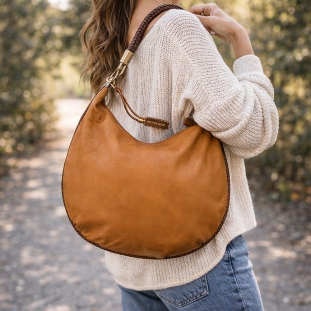 Michael Kors Leather Slouchy Hobo Soft Boho Everyday Bag luggage brown braided